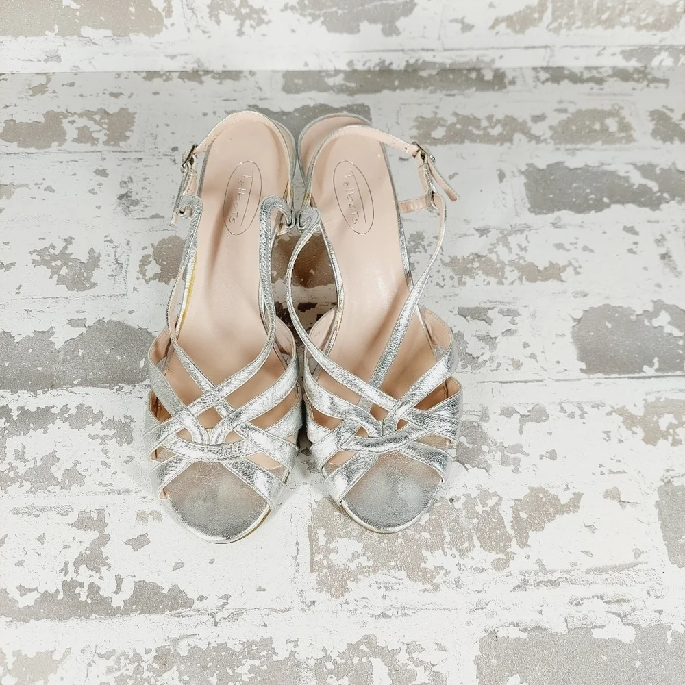 Talbots Women's Silver Genuine Leather Platform Strap Wedge Sandals V327